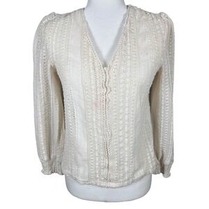 Easy Clothes Cream Crochet Knit Cardigan Top V-Neck Ruffle Cuff Size M/L Cotton